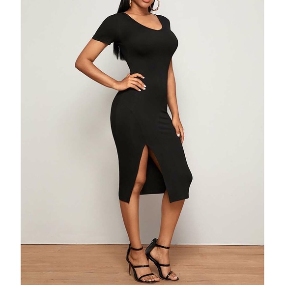 Black Short Sleeve Side Slit Basic Midi Dress - Picture 4 of 5